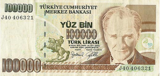 100000 türk lirasi - yüz bin türk lirasi - türkiye cumhuriyet merkez bankasi